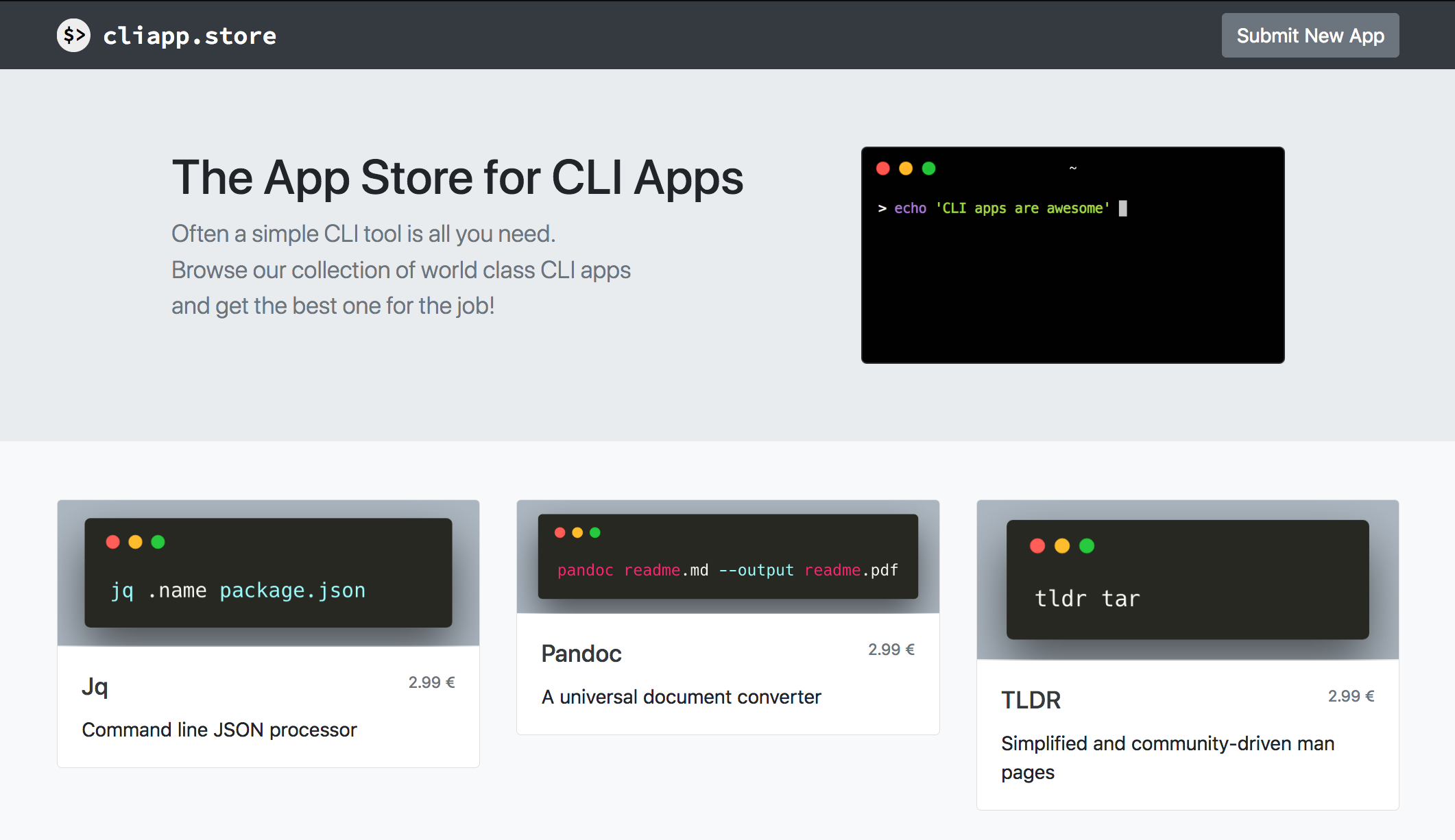 Screenshot of cliapp.store's landing page